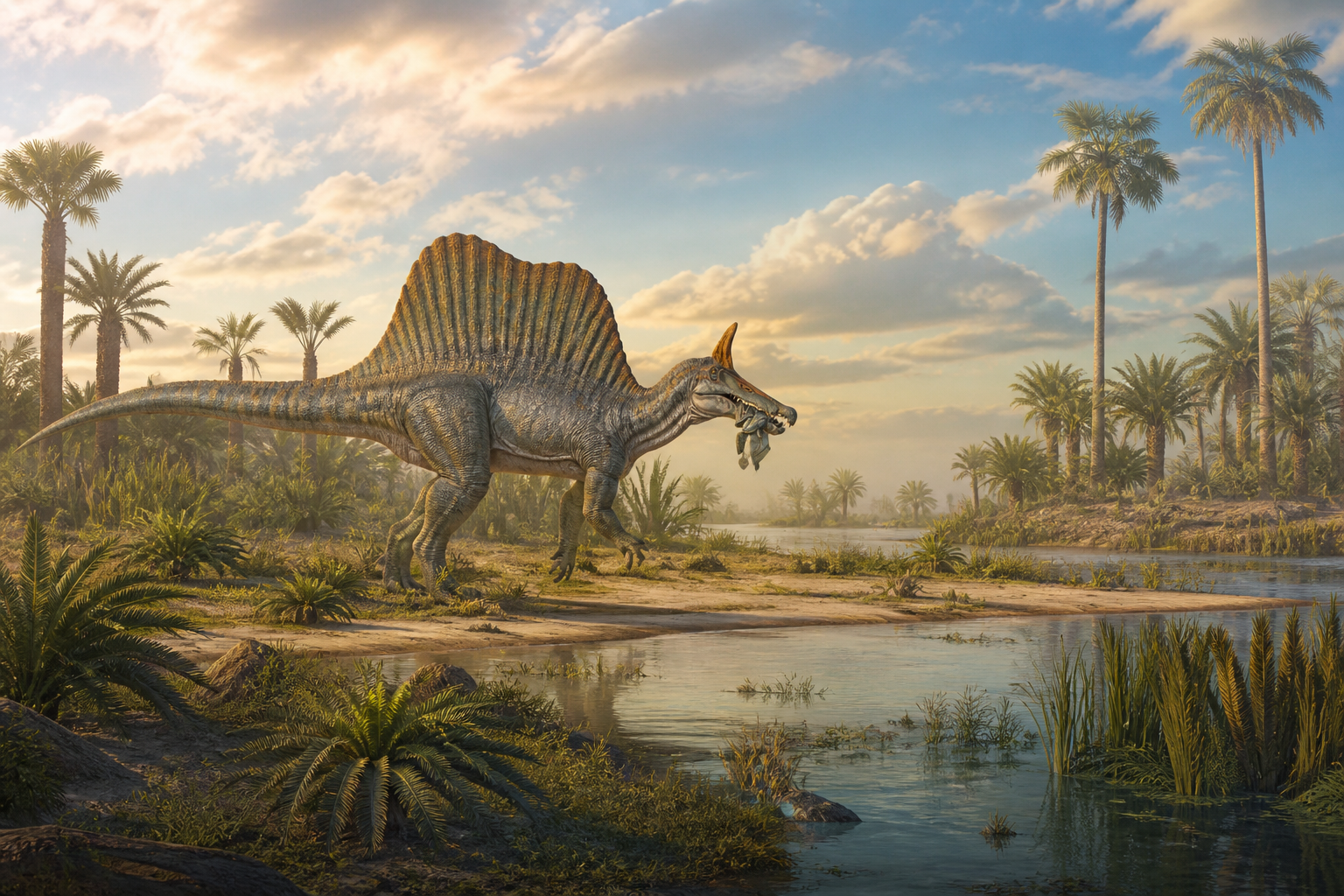 Spinosaurus mirabilis standing on a Cretaceous Niger riverbank